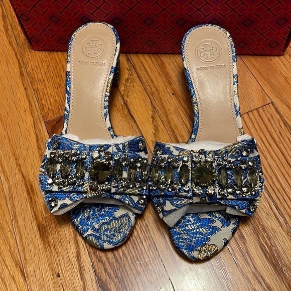 TORY Burch blue metallic floral Valentina 45MM bow slide
